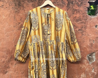 Tiger Print Cotton Midi Dress, Handmade Animal Print Dress, Women's Boho Long Sleeve Dress, Safari Stripe Dress, Casual Summer Dress