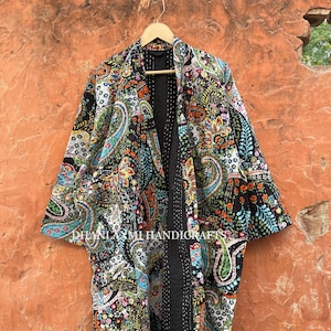 100% Cotton Quilted Kantha Robes With Belt, Paisley Print Hand-Stitched Kimonos, Winter Long Jackets, Bathrobe, Beach Cover Up Robes,