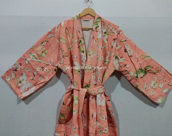 Kimono Indiano Kantha Fatto A Mano &ndash; Cotone Trapuntato Floreale &ndash; Taglia Unica Donna