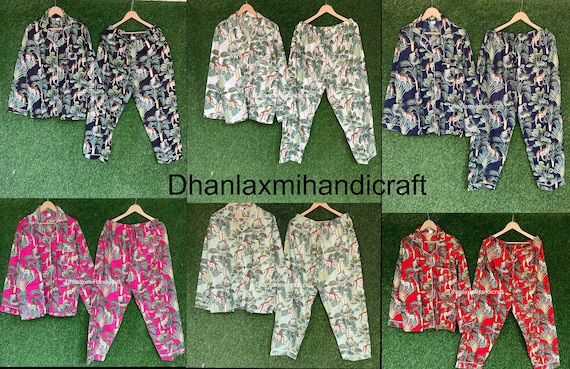 Indian 100 Cotton Jungle Print Pajama Set Tiger and Monkey Print Night Suit Women Wear PJ Set Cottton Red Color Pyjamas Robes Etsy