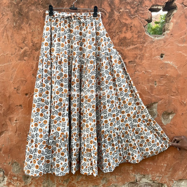 Boho Maxi Skirt, New Block Print Cotton Skirt, Dress For Women , Handmade Gypsy Tiered Skirt, Cotton Summer Beach Skirt , Gift | CSP-11