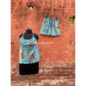 Indian Cotton Mukut Screen Print Camisole Sets, Top With Nikkar, Girls & Women,s Top with Straps, Summer Cami shorts Sets, Sorority Gifts,