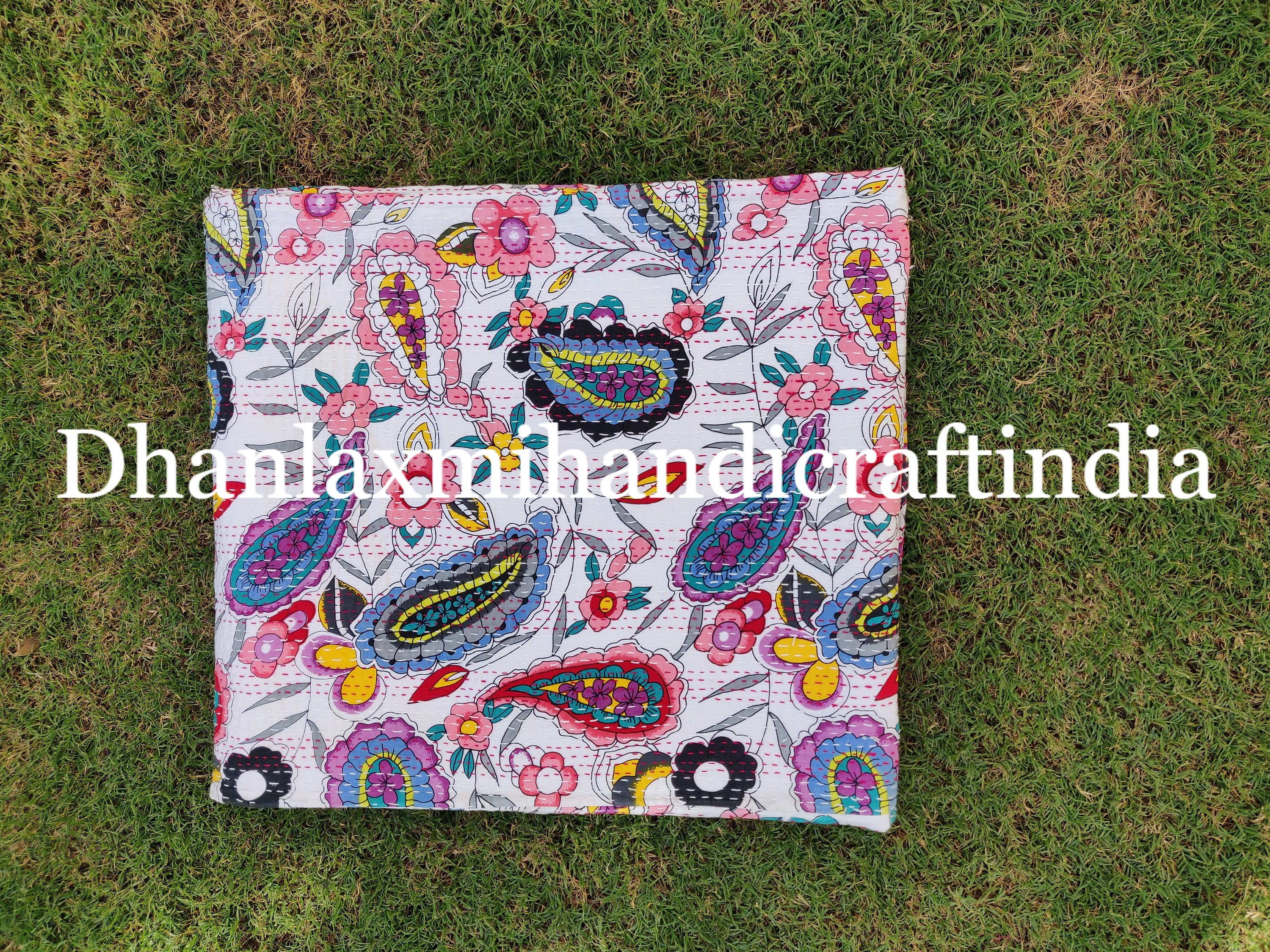 Handmade Kantha Quilt Ajrak Print Beautiful Red Bhoemain Wall Decor Indian Queen Size Bed Sheet