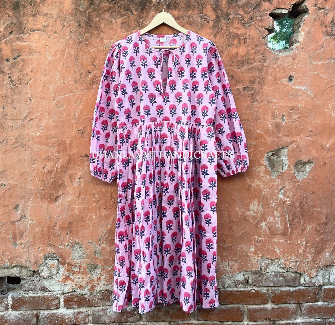 Mint Green Floral Hand Block Printed Cotton Maxi Dress – Indian Boho Tiered Long Dress