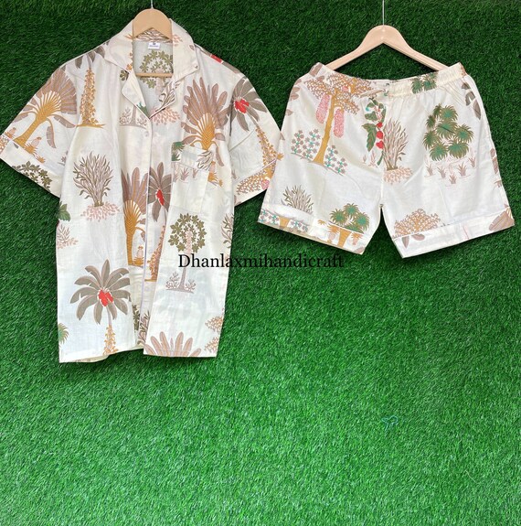 Floral Printed Cotton Shorts Set, Indian Handmade Summer Pyjamas