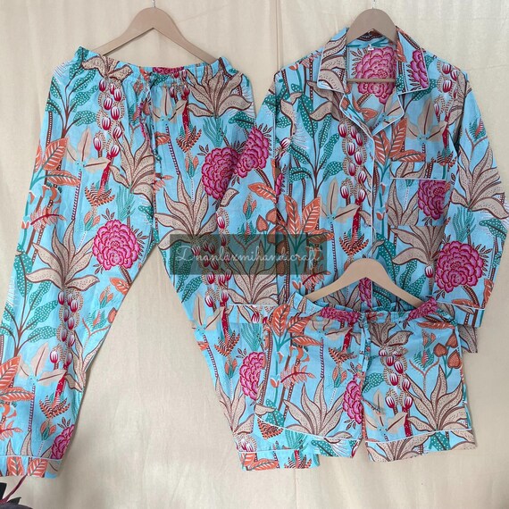 Cotton Floral Print Pyjama Set, Summer Pieces Night Suit, Summer Pyjama  Set, Long Short Sleepwear, Women's Pyjama Set, Gift For Her,