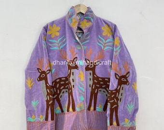 Handmade purple  Velvet Jacket with Deer Motif, Bohemian Embroidered Coat, Unique Artisan Outerwear