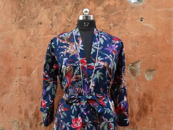 Kimono in cotone con stampa di uccelli blu: abito da notte indiano - Italia