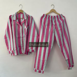 Indian Cotton Stripe Print Pyjama Set, Handmade Summer Long Sleepwear, Boho Hippies Pyjama Set, Cozy Wear, Women's Outfits,