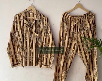 Cotton Pajama Set, Tiger Stripe Sleepwear, Brown Bengal Tiger Night Suit, Hand Block Print Lounge Wear, Animal Print PJ Set, Gift for Her