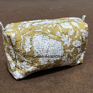 Indian Cotton Flowers Quilted Cosmetic Bag, Block Print Pouch, Handmade Cosmetic Pouch, Practical Toiletry Travel Pouch, Unique Gifts, CB-4