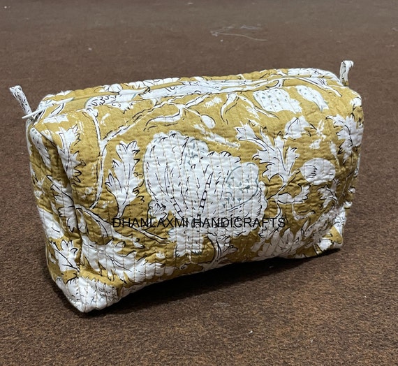 Indian Block Print Quilted Cosmetic Bag: Handmade Cotton Pouch
