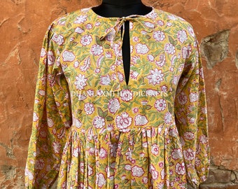 Hand Block Printed Cotton Maxi Dress, Ochre Yellow Floral, Long Sleeve Summer Sundress