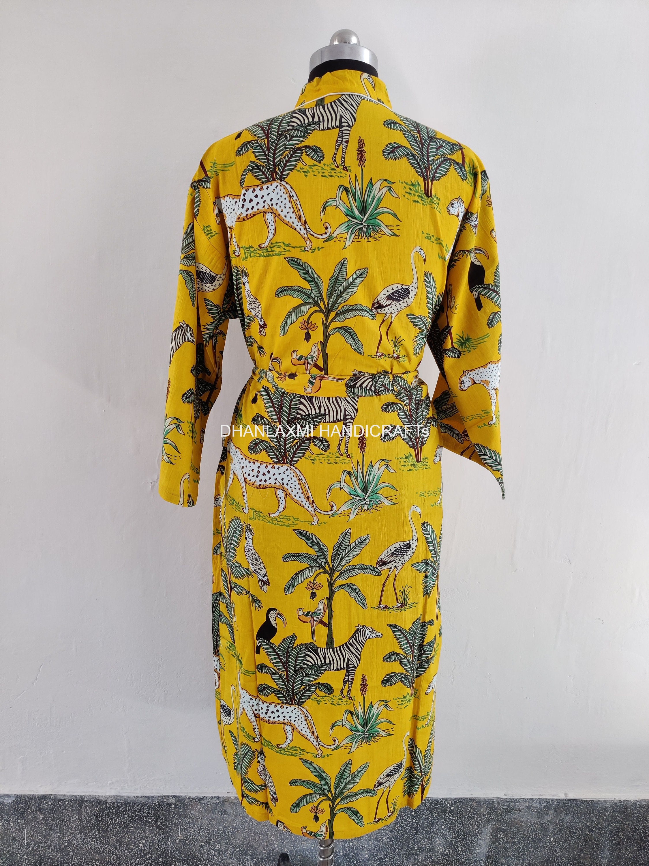 Kimono Lungo Donna In Cotone Stampa A Mano – Foresta Verde – Abito Da Notte/pioggia Stile Indiano
