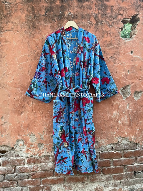 Blue Cotton Velvet Kimono Robe, Hand Block Printed Bird Print Loungewear Bathrobe, Luxury Dressing Gown, Winter Bridesmaid Gift For Her