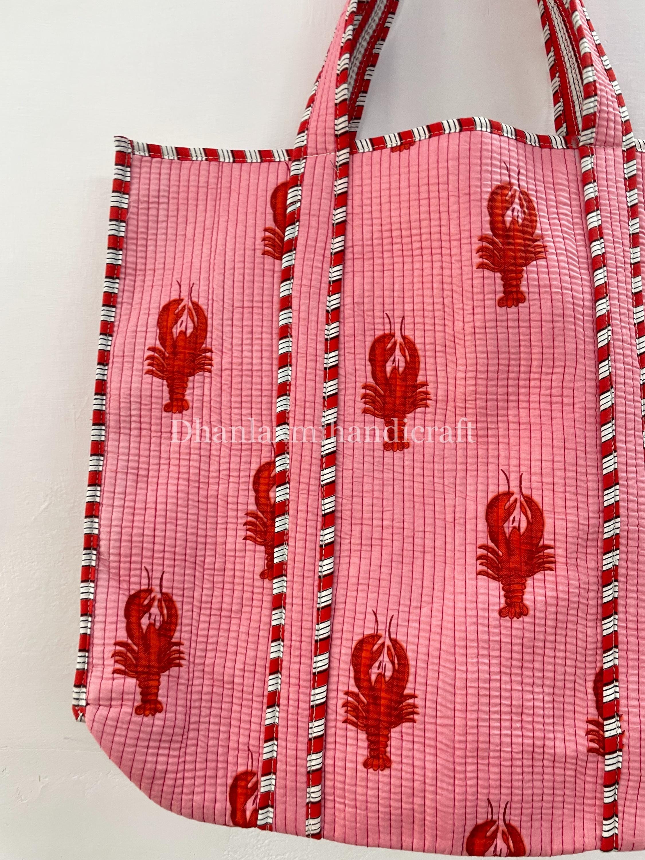 Quilted Cotton Tote Bag, Pink Lobster Print, Large Travel Bag - Etsy