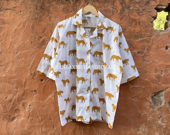 Handmade Tiger Print Cotton Short Sleeve Kurta Shirt