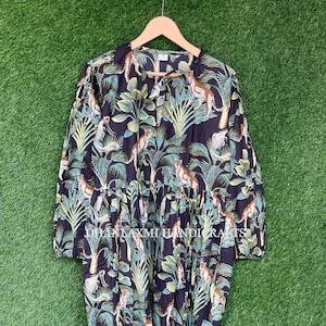 Jurk van 100% katoen, handgemaakte jurk, lange maxi-jurk, jurk met dierenprint, zomerjurken, boho-outfit, boho- en hippiestijl, DH-224