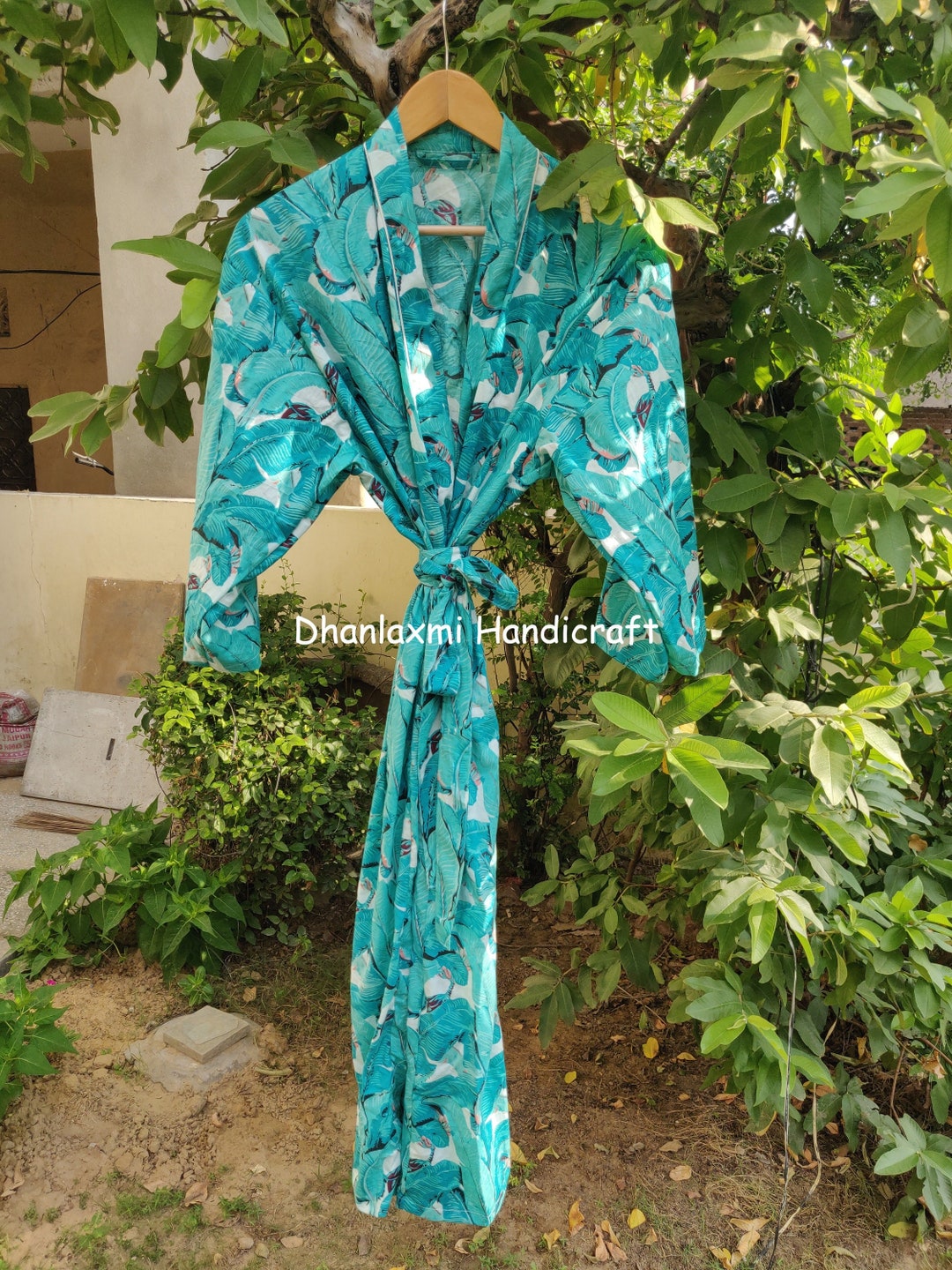Summer Beach Robe Resort Bath Robe, 100% Cotton Kimono, Beach Kimono, Leaf Print Maxi ...