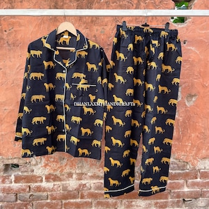 Tiger Print Pajama Set , Women Night Wear , Cotton Shirt & Pajama Set , Bridesmaid Gift , Customisable Mommy and Daughter Pajama Sets PJ-52