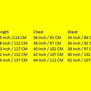 May include: Size chart for clothing with measurements in inches and centimeters. The chart shows UK and US sizes, length, chest, waist, and round measurements.