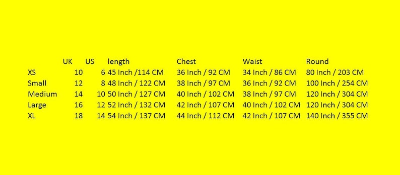 May include: Size chart for clothing with measurements in inches and centimeters. The chart shows UK and US sizes, length, chest, waist, and round measurements.