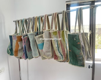 Upcycled Sari Fabric Vintage Kantha Tote Bag -  Handmade Quilted Cotton Shoulder Bag, Boho Patchwork Handbag, Sustainable Everyday Carryall
