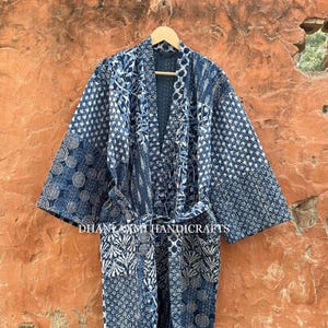 100% Cotton Patchwork Print Robes, Kantha Kimono With Belt, Handmade Quilted Bathrobe, Swim & Night Wear Coat, Dressing Gown, KK-306