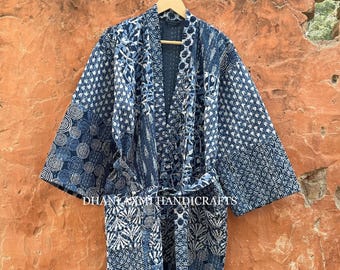 100 % bomullspatchwork Kantha Kimono-morgonrock, handgjord quiltad badrock, naturliga färger