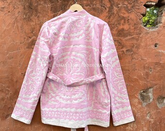 Cutwork Applique Cotton Handmade Jacket With Belt , Summer