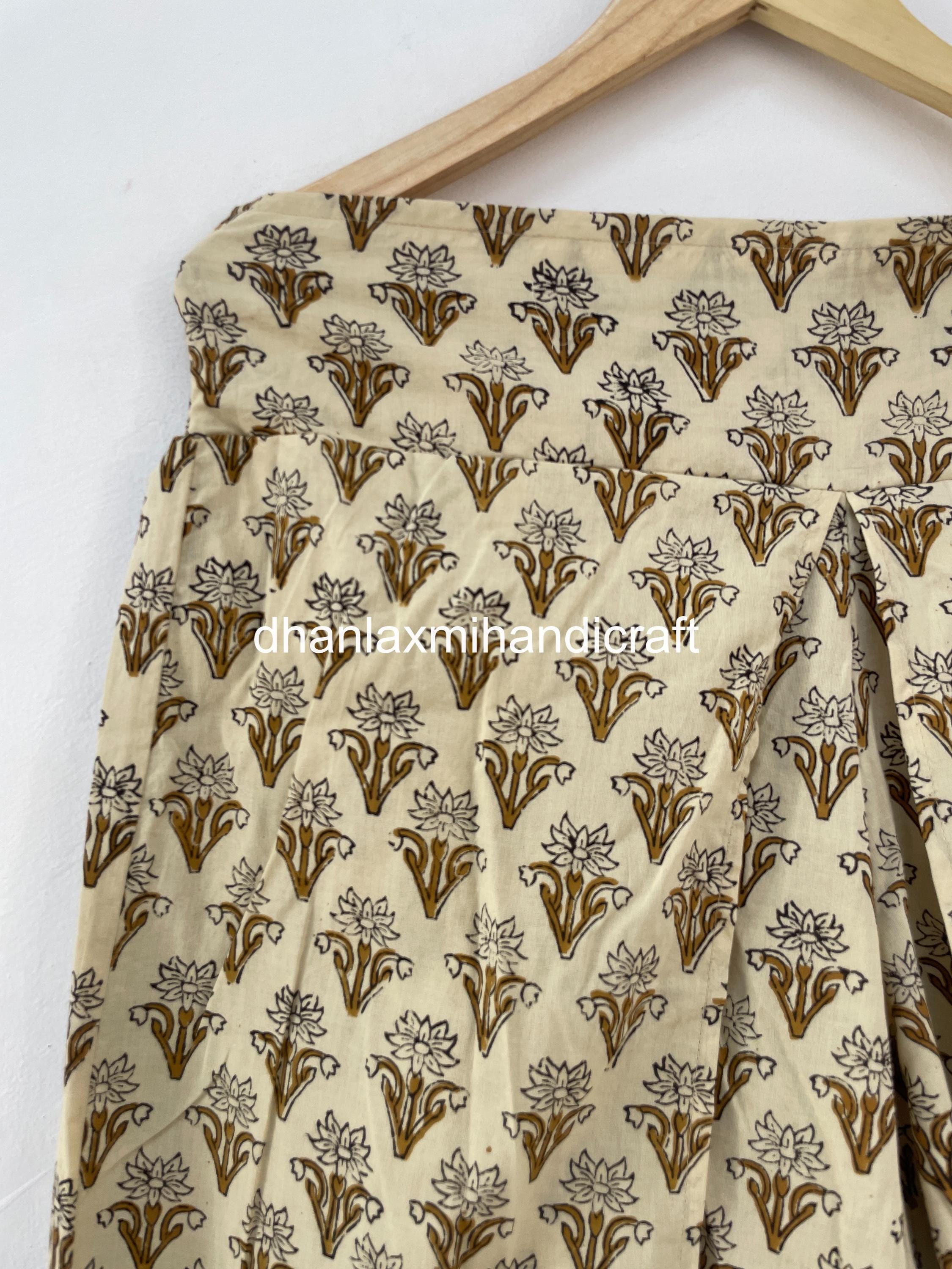 Hand Block Print Cotton Palazzo Pants, Beige Floral Wide Leg Trousers ...