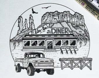 Truck and Chopper Desert Diner Print