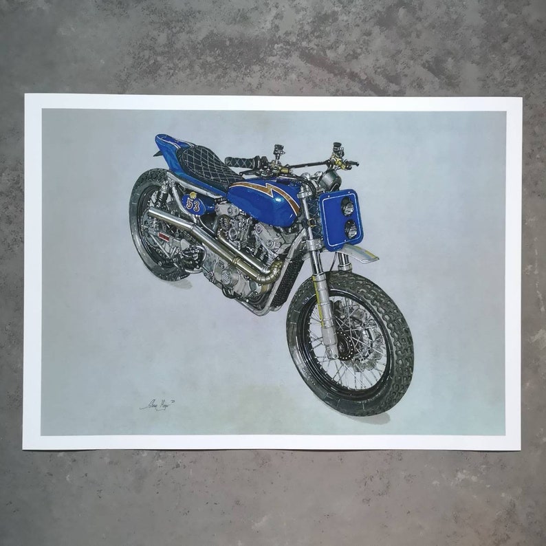 Harley Davidson Custom Flat Tracker Motorcycle Art Print image 1