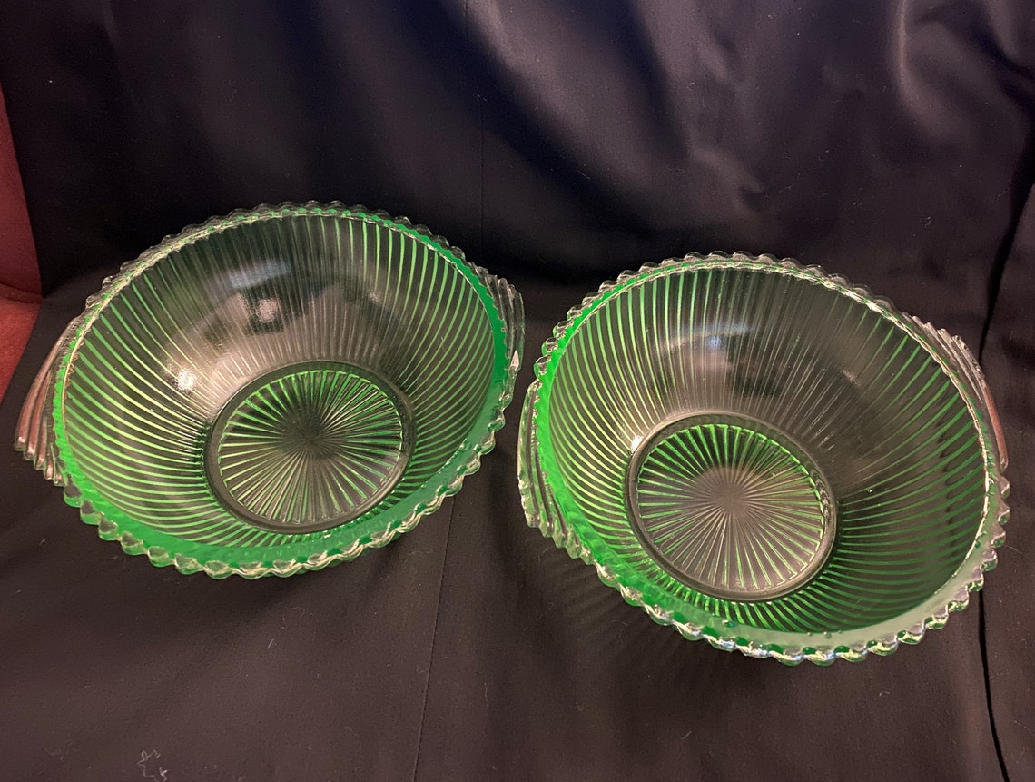 Two Green Uranium Glass Ribbed 6 3/4 Bowls Etsy