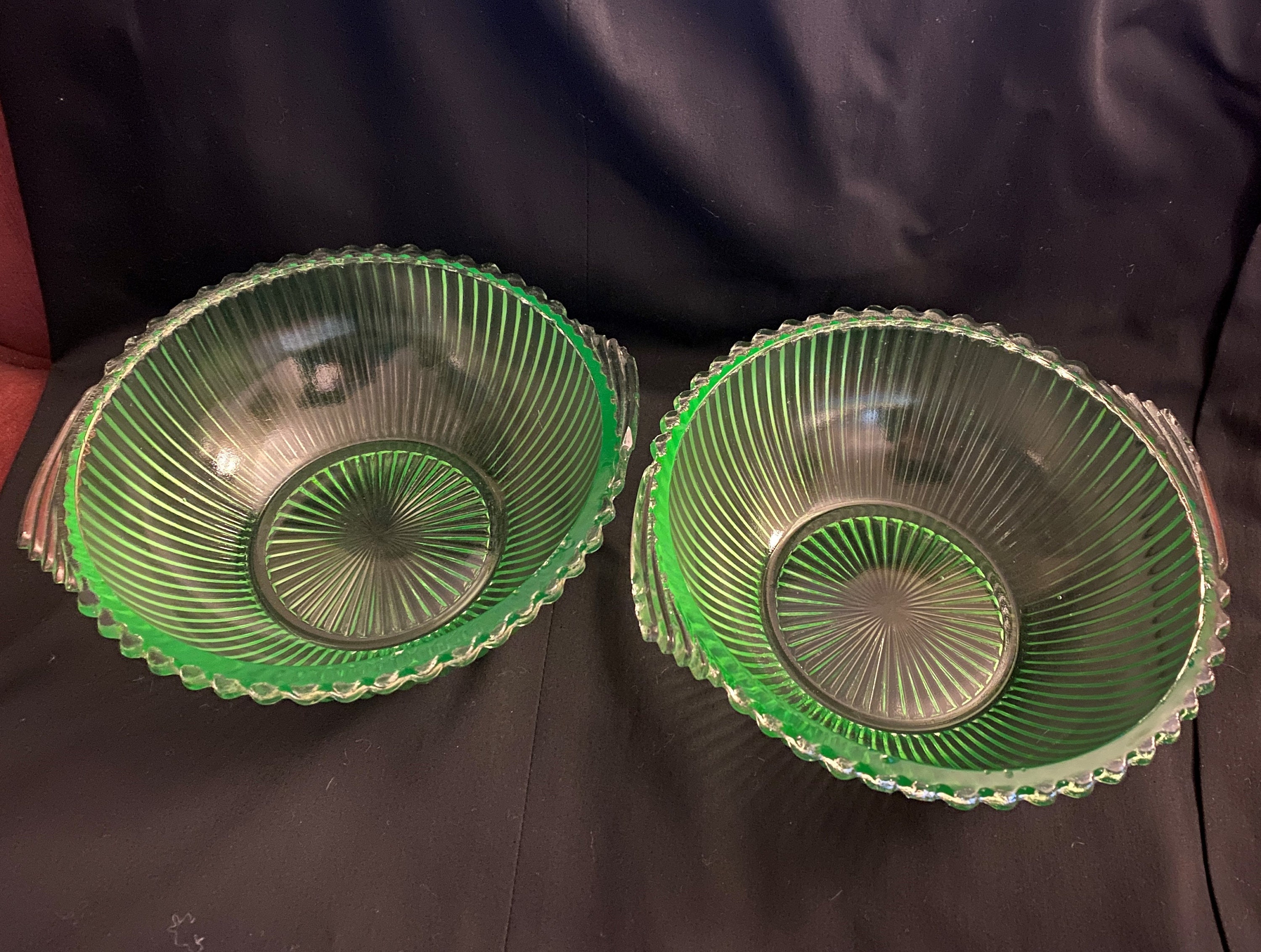 Two Green Uranium Glass Ribbed 6 3/4 Bowls Etsy