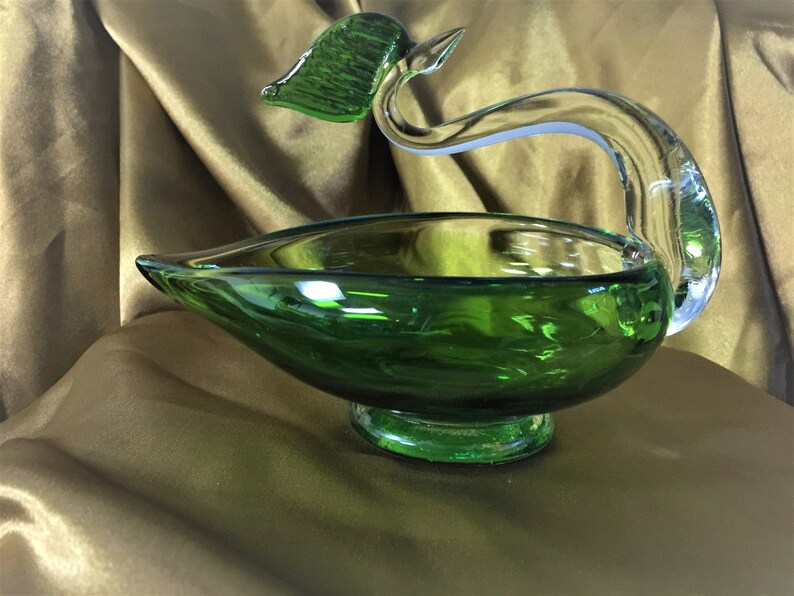 Vintage MidCentury Green Art Glass Swan Dish Etsy
