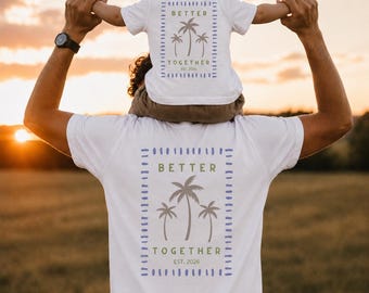 Matching set with year of birth, father-child T-shirt with retro palm trees, father-child outfit, family look, gift for father and baby