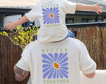 Matching set for dad and child, featuring a retro floral print t-shirt, family outfit, and a gift for dad and baby.