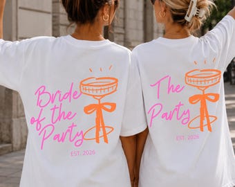 Hen Party Shirt for Women • Bride of the Party - The Party • Personalized with Year and Estimated Date • Champagne Motif • Hen Party T-Shirt