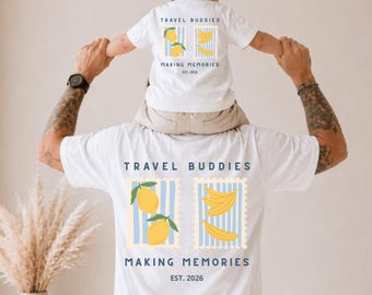 Matching outfits for fathers and children, including a retro stamp-themed T-shirt, family look, and a gift for fathers and babies.