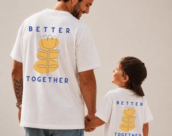 Matching set for dad and child, featuring a retro floral print t-shirt, family outfit, and a perfect gift for dad, mom, and baby.