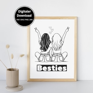 Può includere: Stampa artistica in bianco e nero di due amiche sedute, con le braccia alzate a fare il segno della pace. La parola "Besties" è stampata sotto. La stampa è in una cornice di legno. Download digitale.