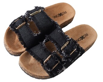 VERY PERI Women's Comfort Flat Sandals Double Buckle Adjustable Straps Flat Slides Footbed Suede