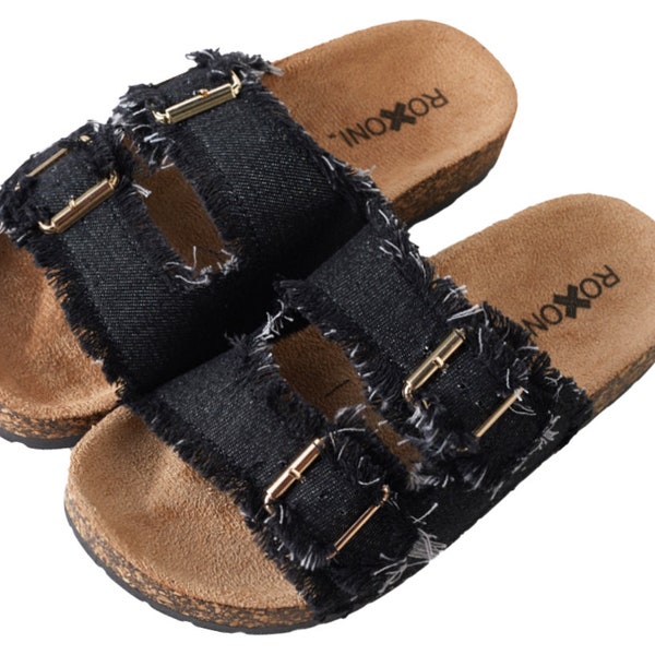 VERY PERI Women's Comfort Flat Sandals Double Buckle Adjustable Straps Flat Slides Footbed Suede