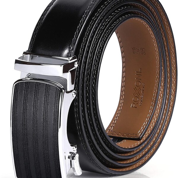 Roxoni Men’s Genuine Leather Ratchet Dress Belt with Automatic Solid Gloss Buckle, Enclosed in an Elegant Gift Box