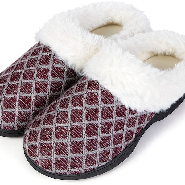 Roxoni Womens Cozy Memory Foam Slippers, Fuzzy Warm Faux Fur, Indoor Outdoor Rubber Sole