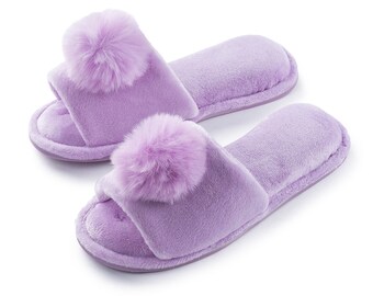 Pupeez Girl's Lovely Velvet Pom-pom Open Toe Kids House Slides Slipper