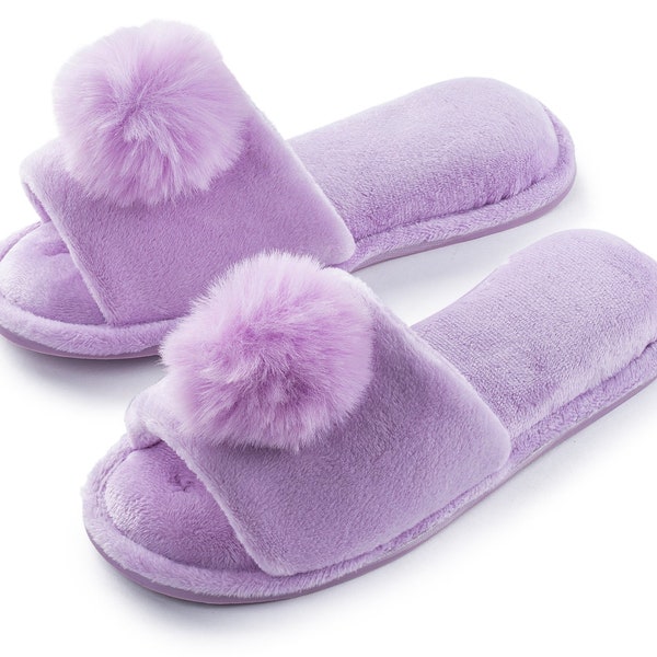 Pupeez Girl's Lovely Velvet Pom-pom Open Toe Kids House Slides Slipper