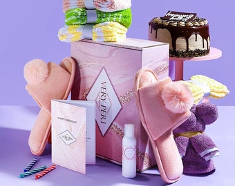 VERY PERI Pink Birthday Gift Box – Birthday Gift Box for Women – Curated Gift Box Assortment with Slippers Socks Body Lotion Towel &...