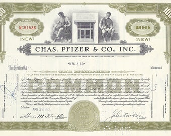 Chas. Pfizer & Co. Stock Certificate - Olive 100 shares